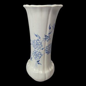 Vintage Duncan Signature White Ceramic Vase With Blue Floral Design